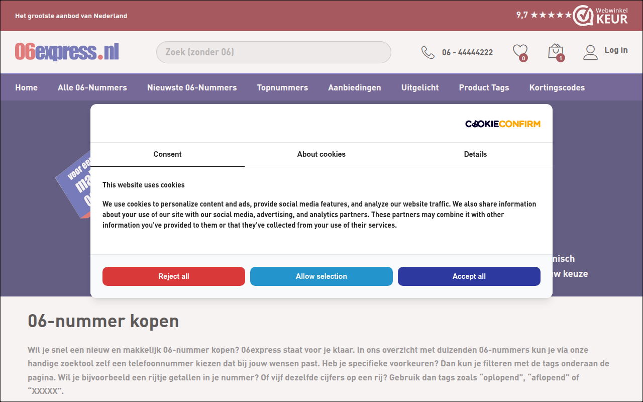 Screenshot van 06express.nl