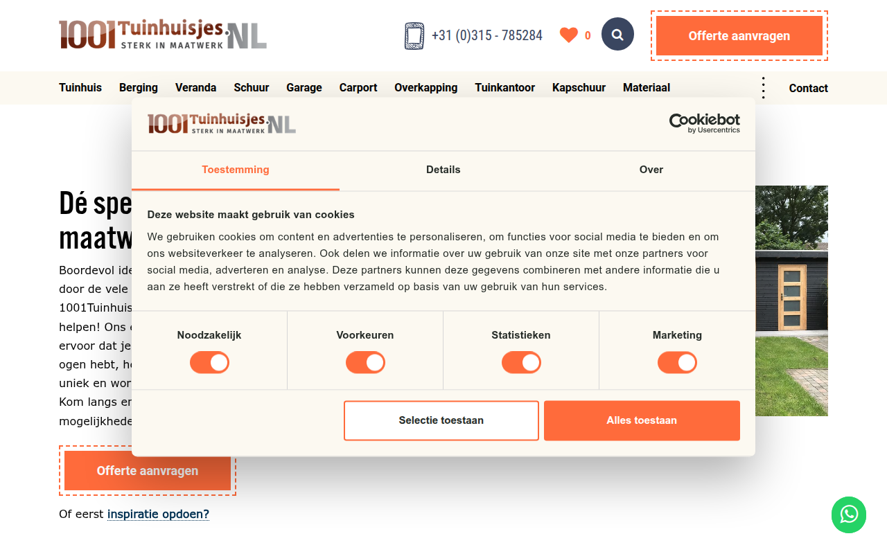 Screenshot van 1001tuinhuisjes.nl