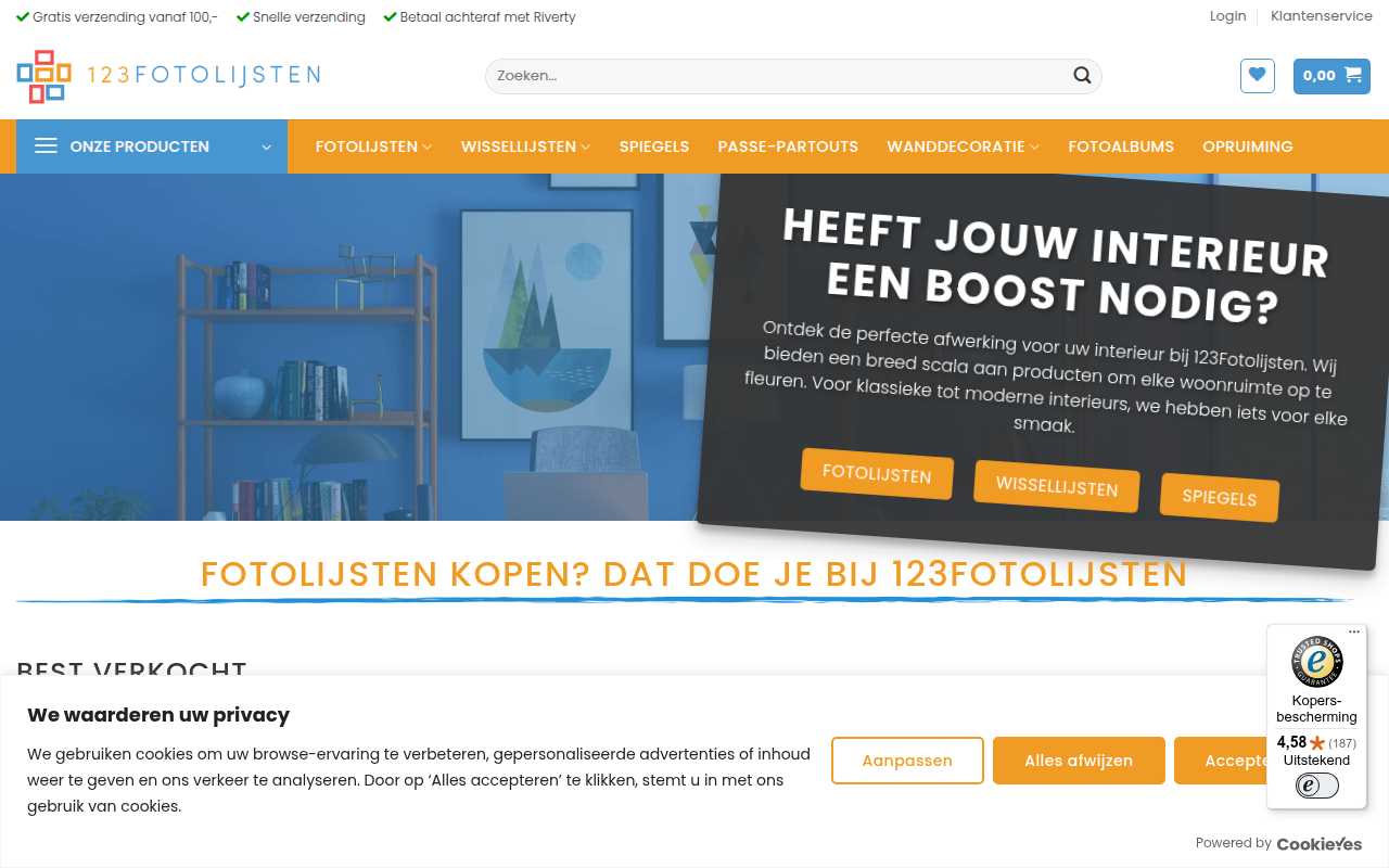Screenshot van 123fotolijsten.nl