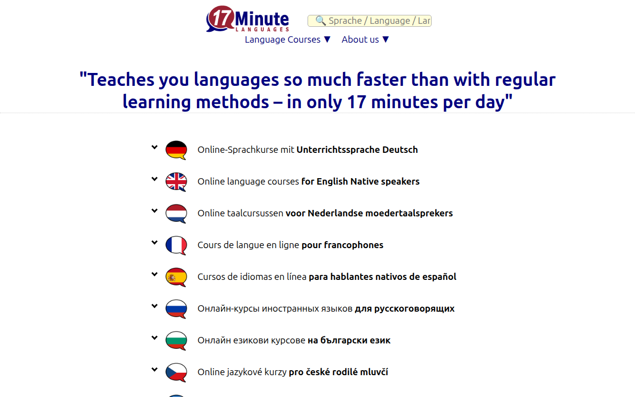 Screenshot van www.17-minute-languages.com