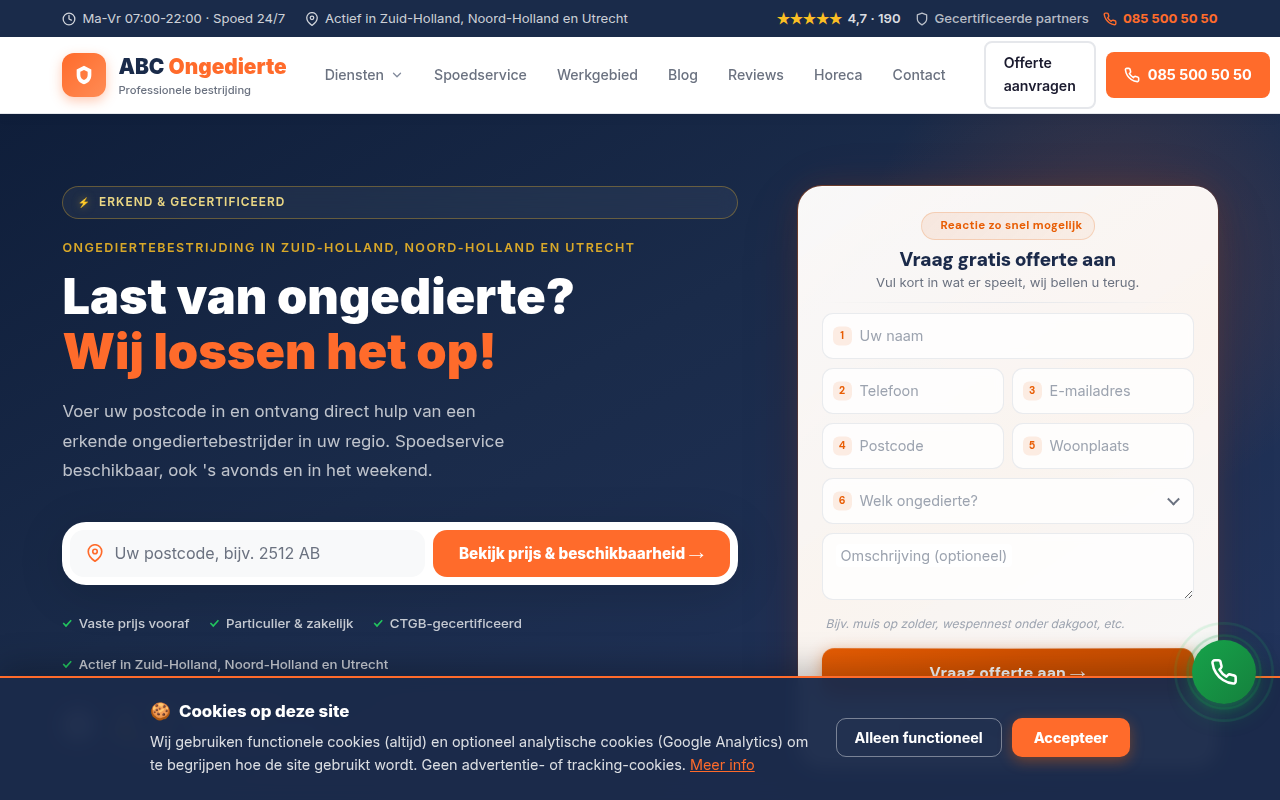 Screenshot van abcongedierte.nl