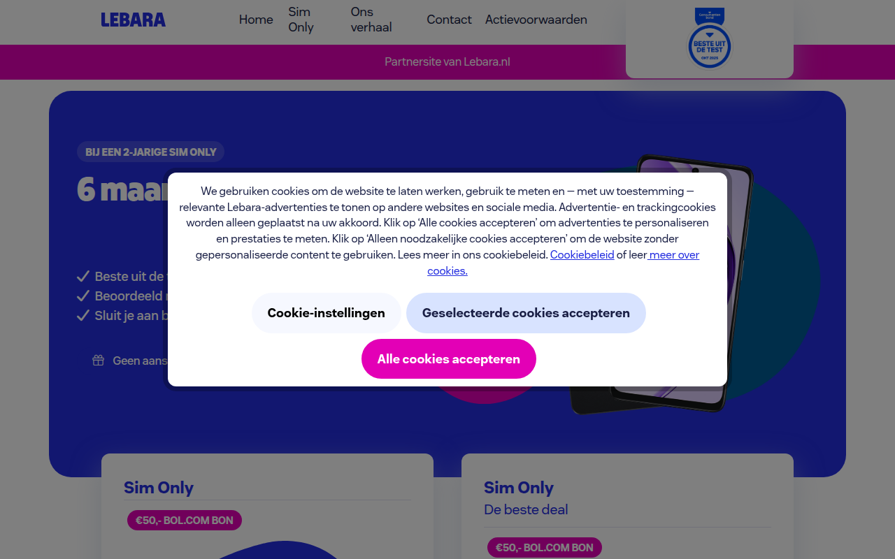Screenshot van actie.lebara-shop.nl