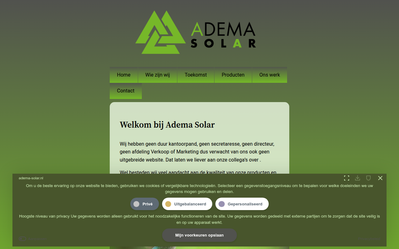 Screenshot van adema-solar.nl