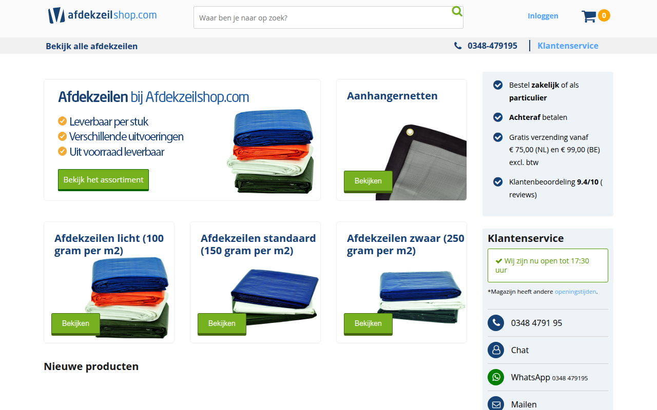 Screenshot van afdekzeilshop.com