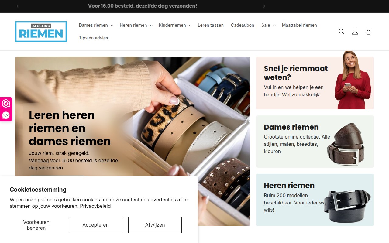 Screenshot van afdelingriemen.nl