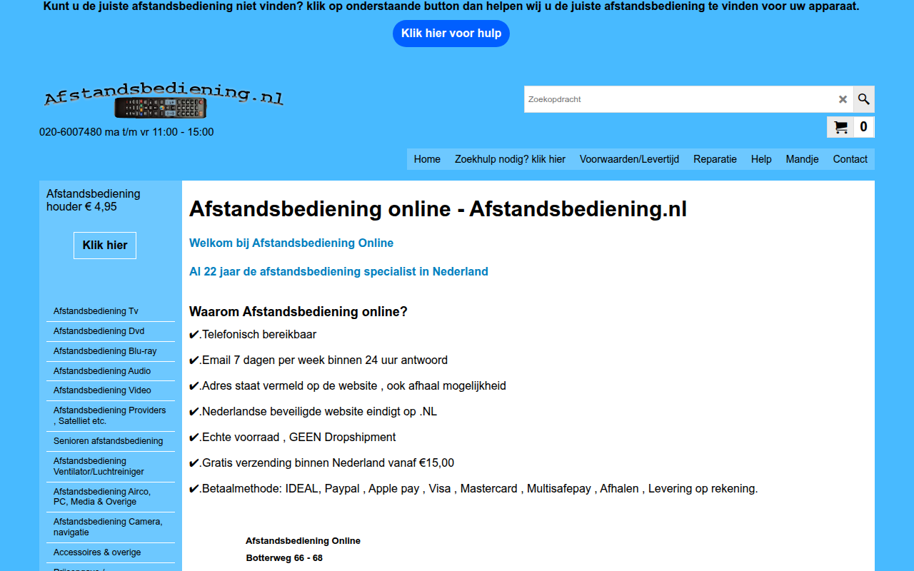 Screenshot van afstandsbediening.nl