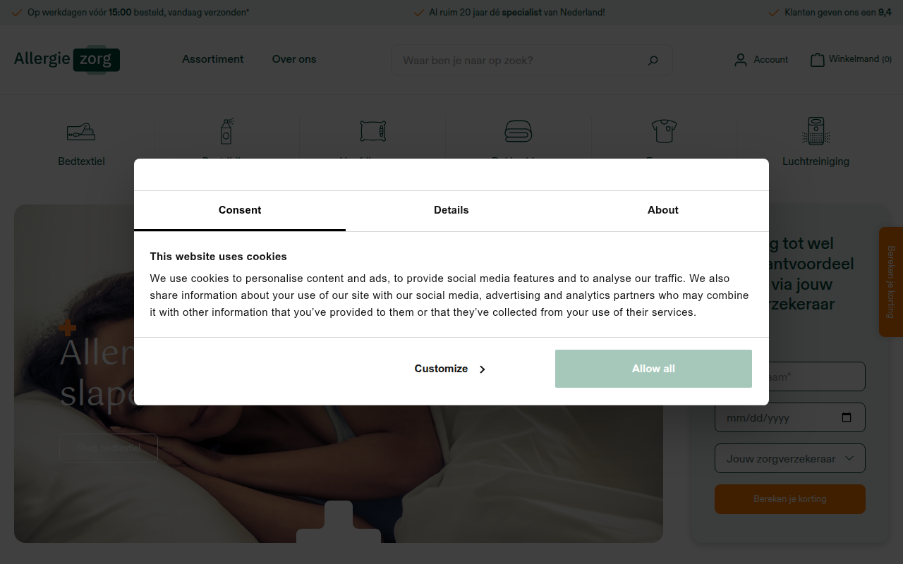 Screenshot van allergiezorg.nl