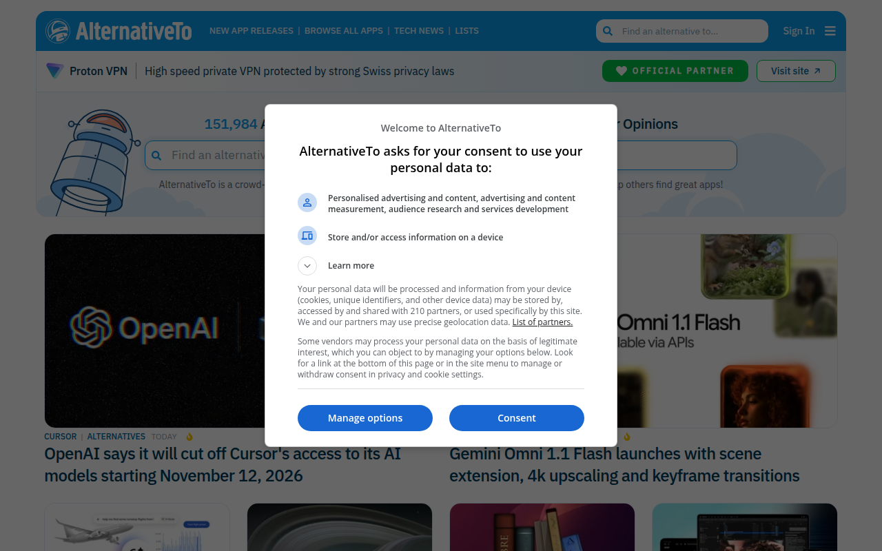 Screenshot van alternativeto.net