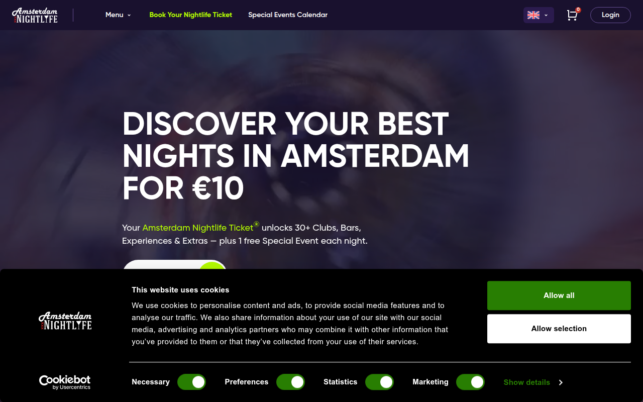 Screenshot van amsterdamnightlifeticket.com