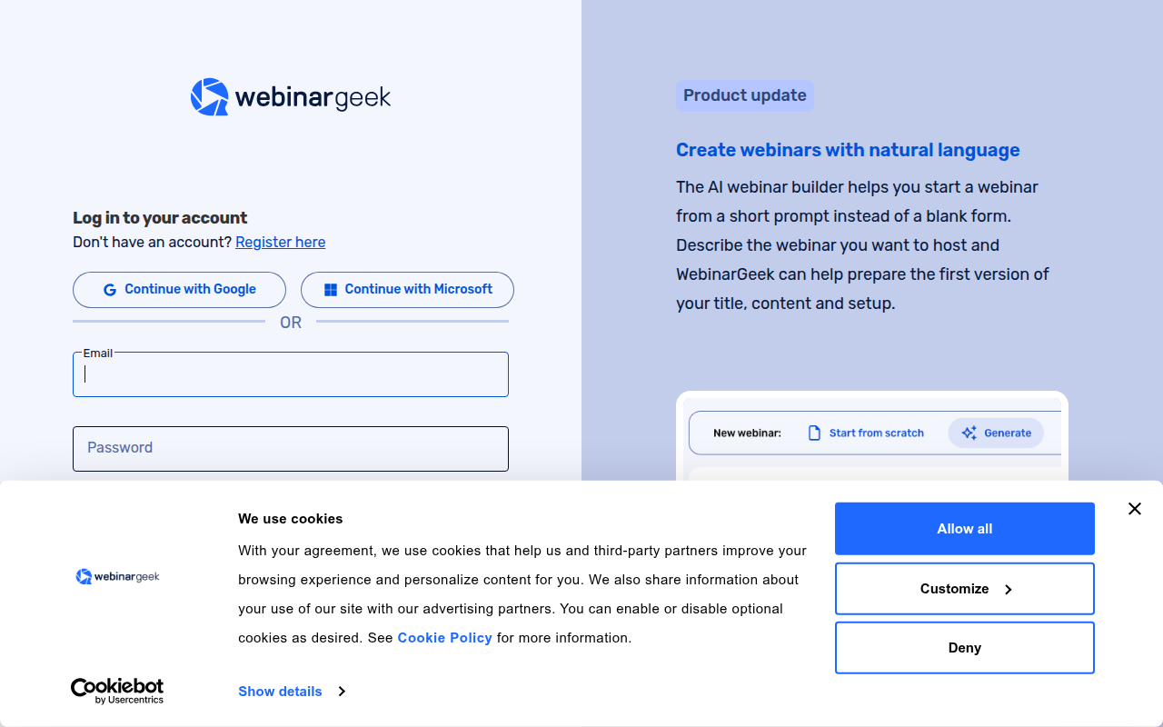 Screenshot van app.webinargeek.com