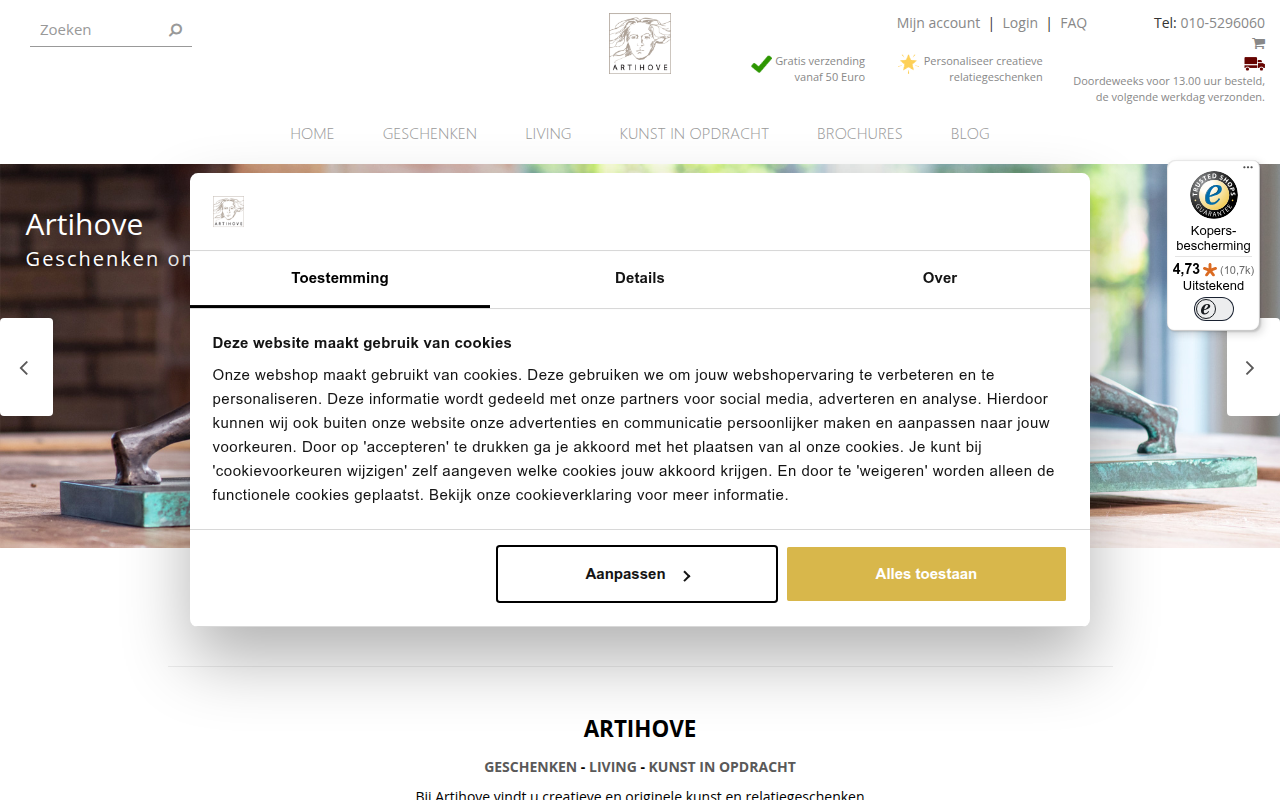 Screenshot van artihove.nl