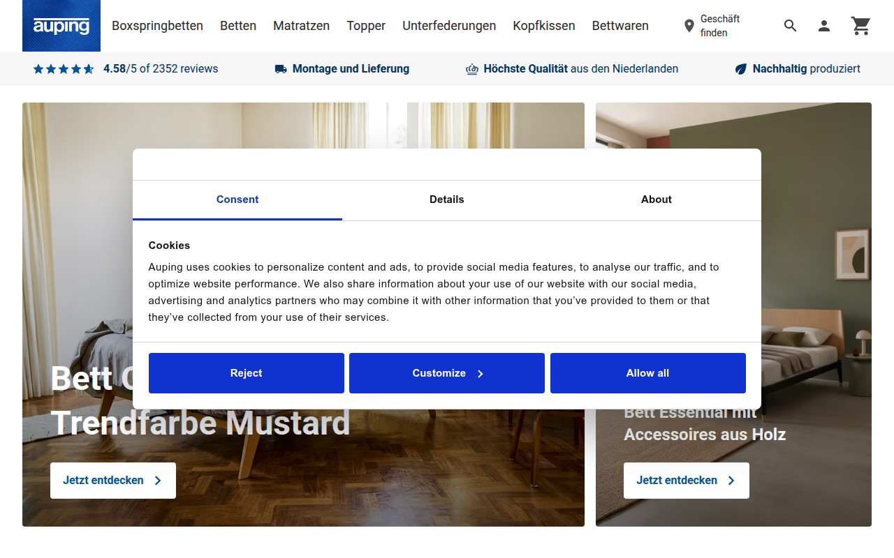 Screenshot van auping.com