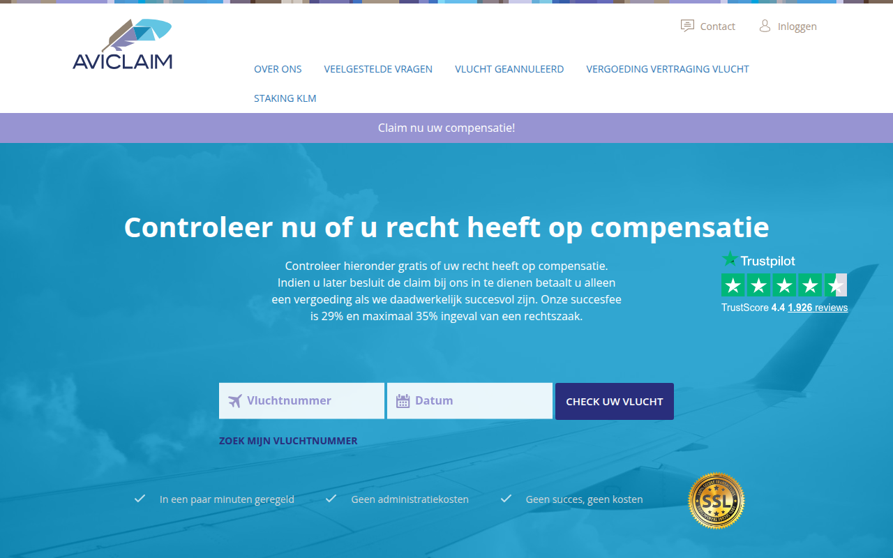Screenshot van aviclaim.nl