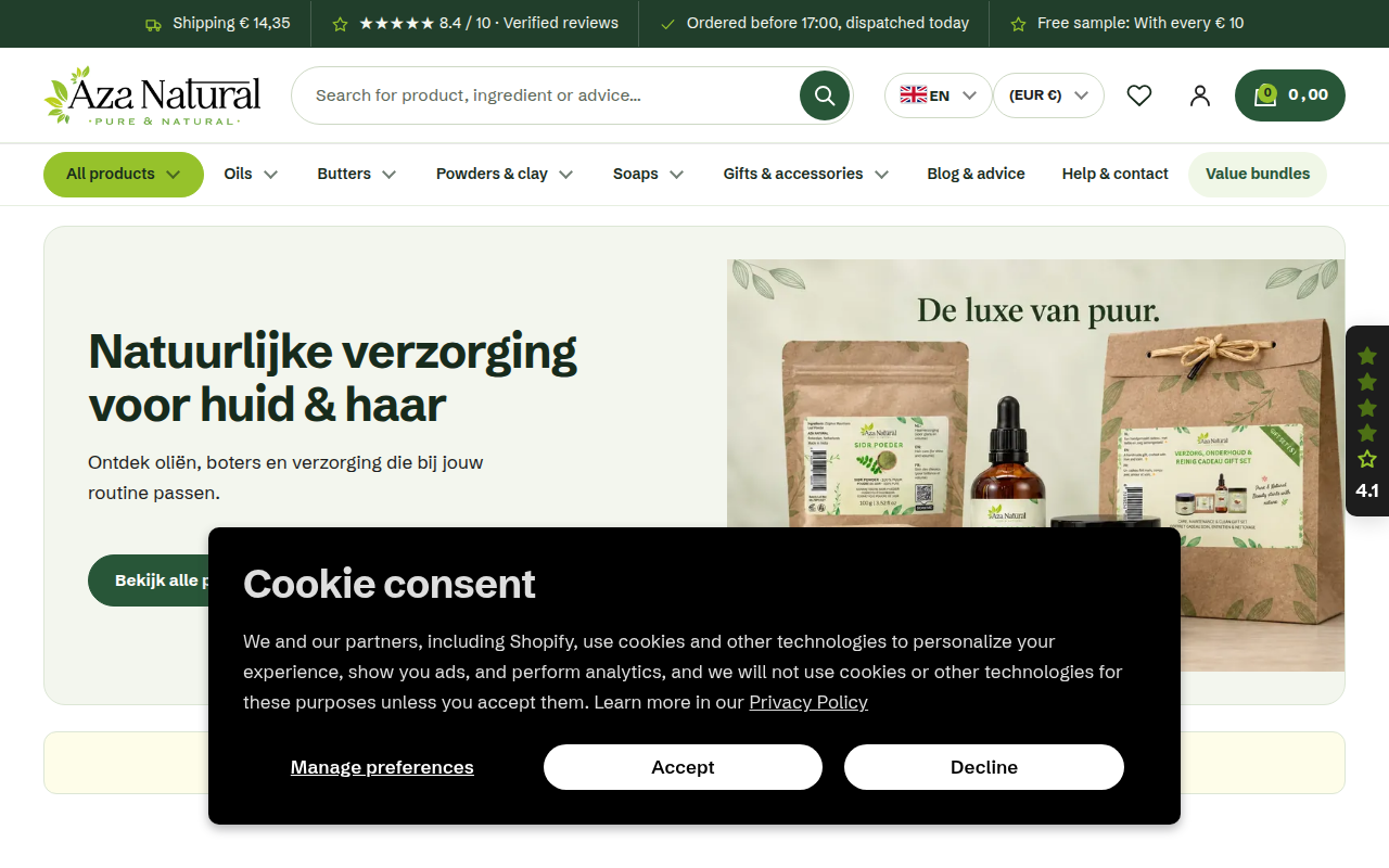 Screenshot van azanatural.com