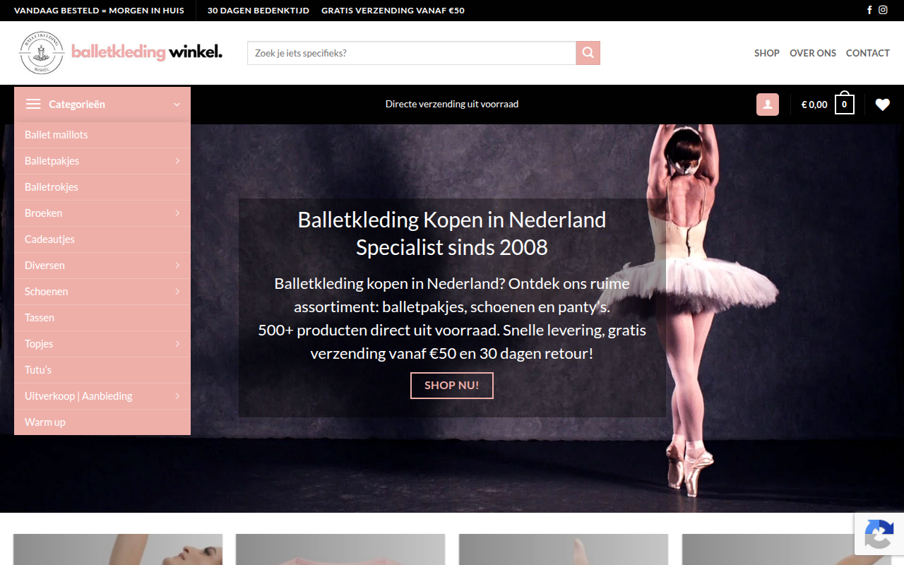 Screenshot van balletkledingwinkel.com
