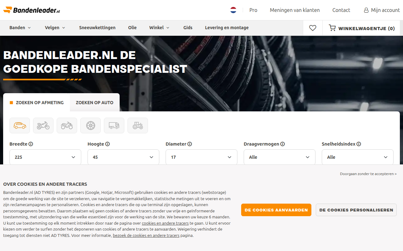 Screenshot van bandenleader.nl