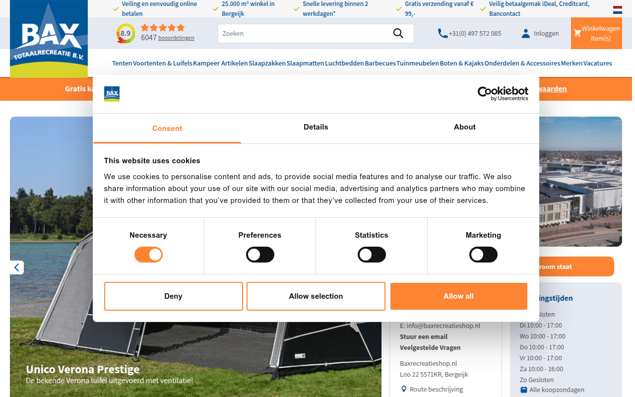 Screenshot van baxrecreatieshop.nl