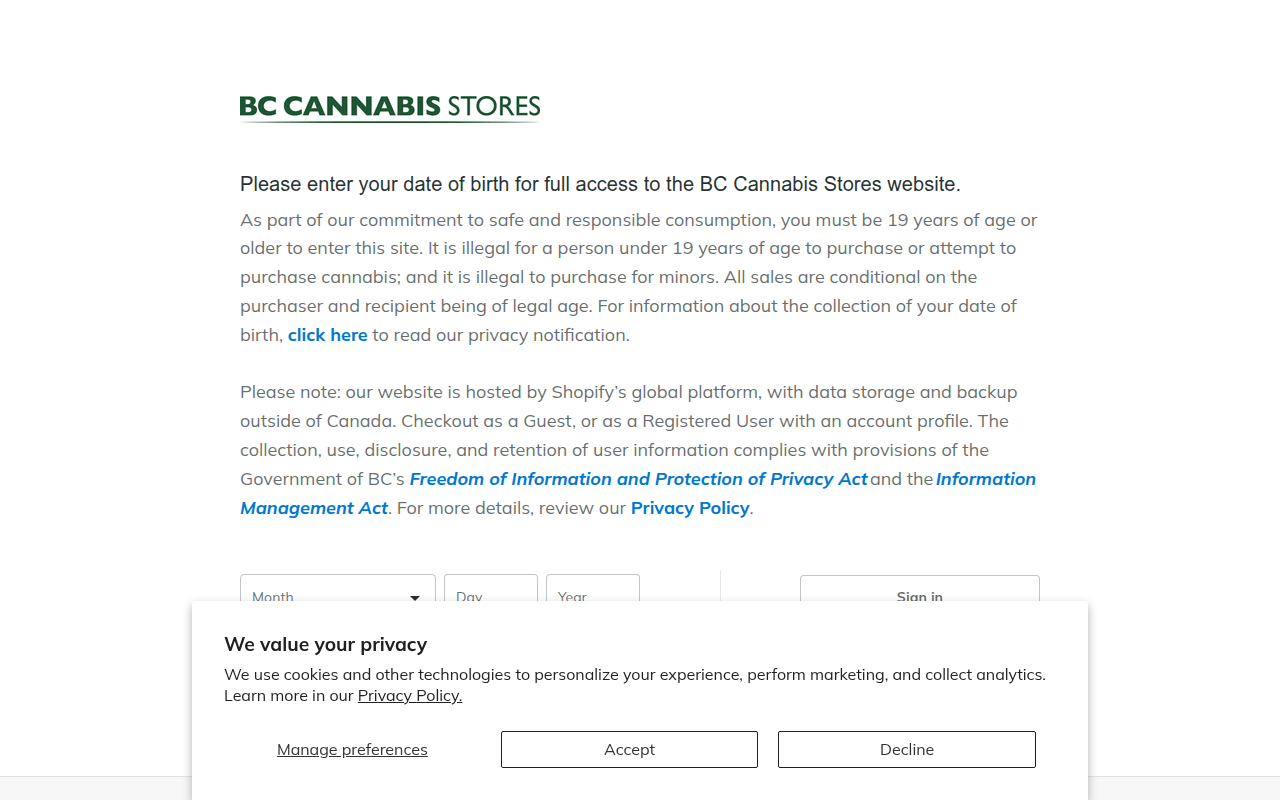 Screenshot van bccannabisstores.com