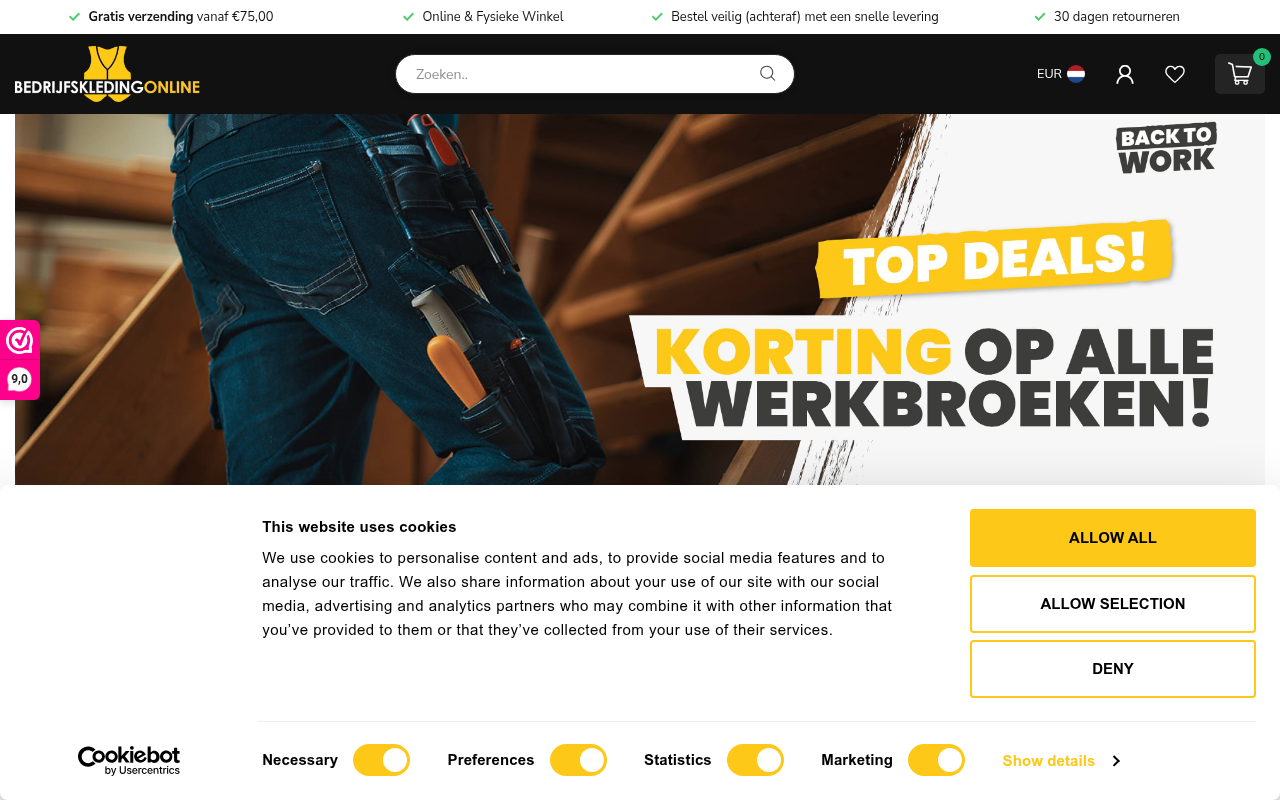 Screenshot van bedrijfskledingonline.nl