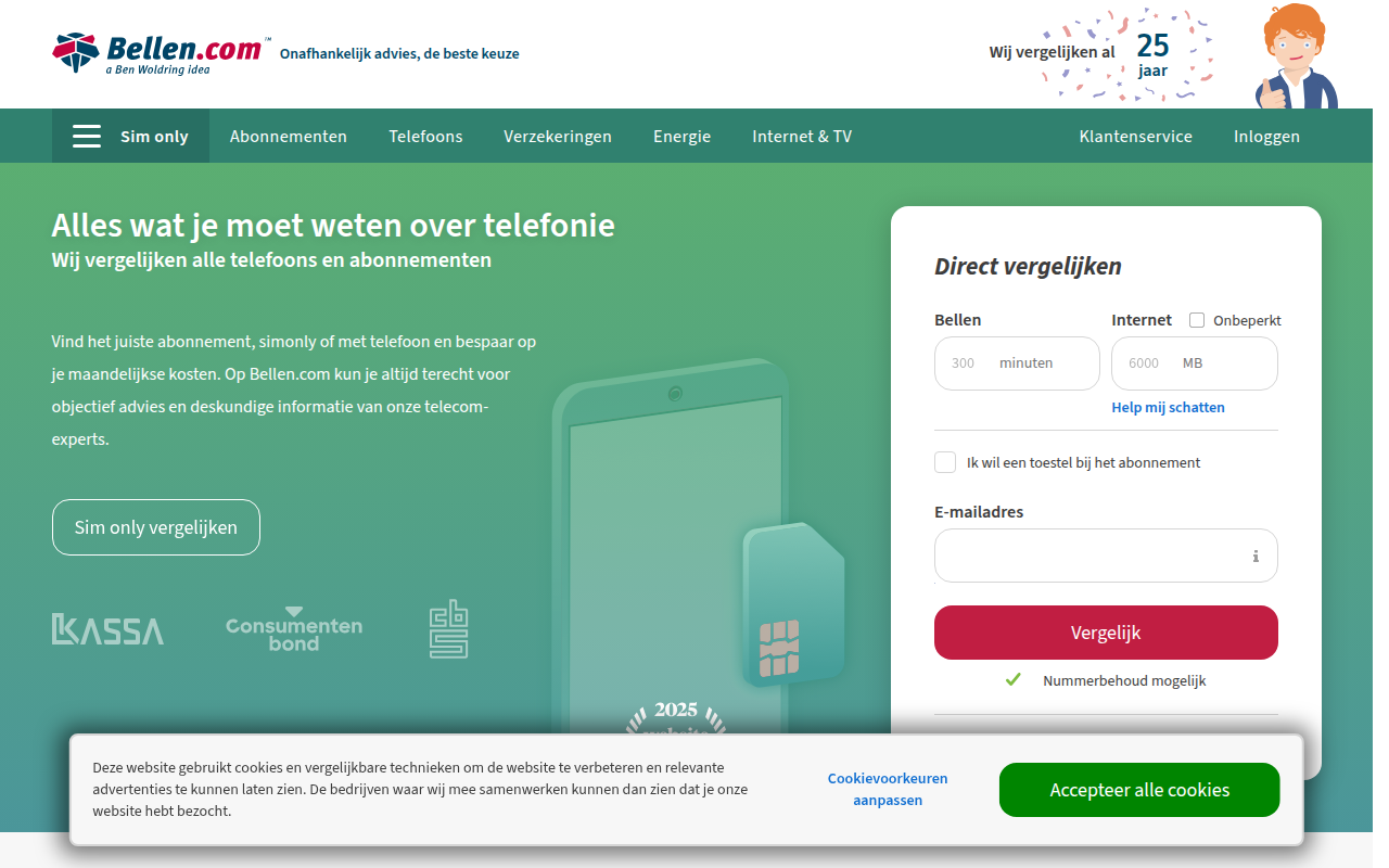 Screenshot van bellen.com