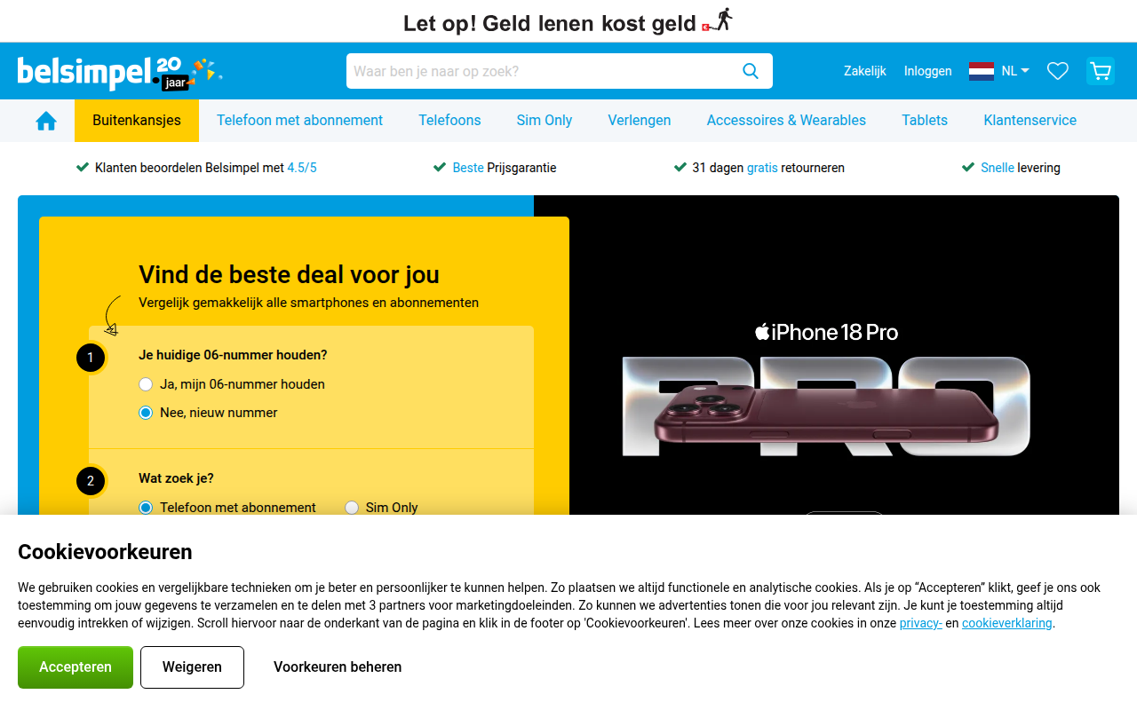 Screenshot van belsimpel.nl