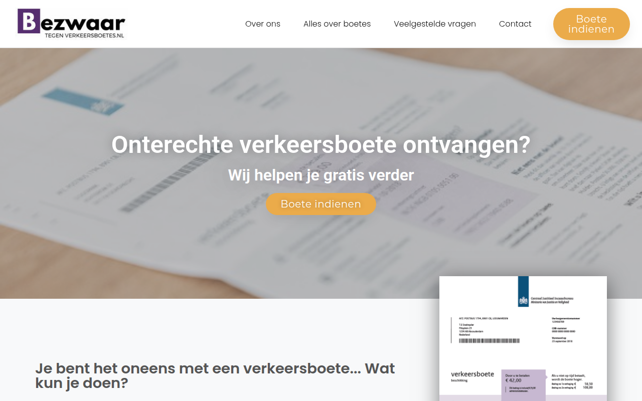 Screenshot van bezwaartegenverkeersboetes.nl