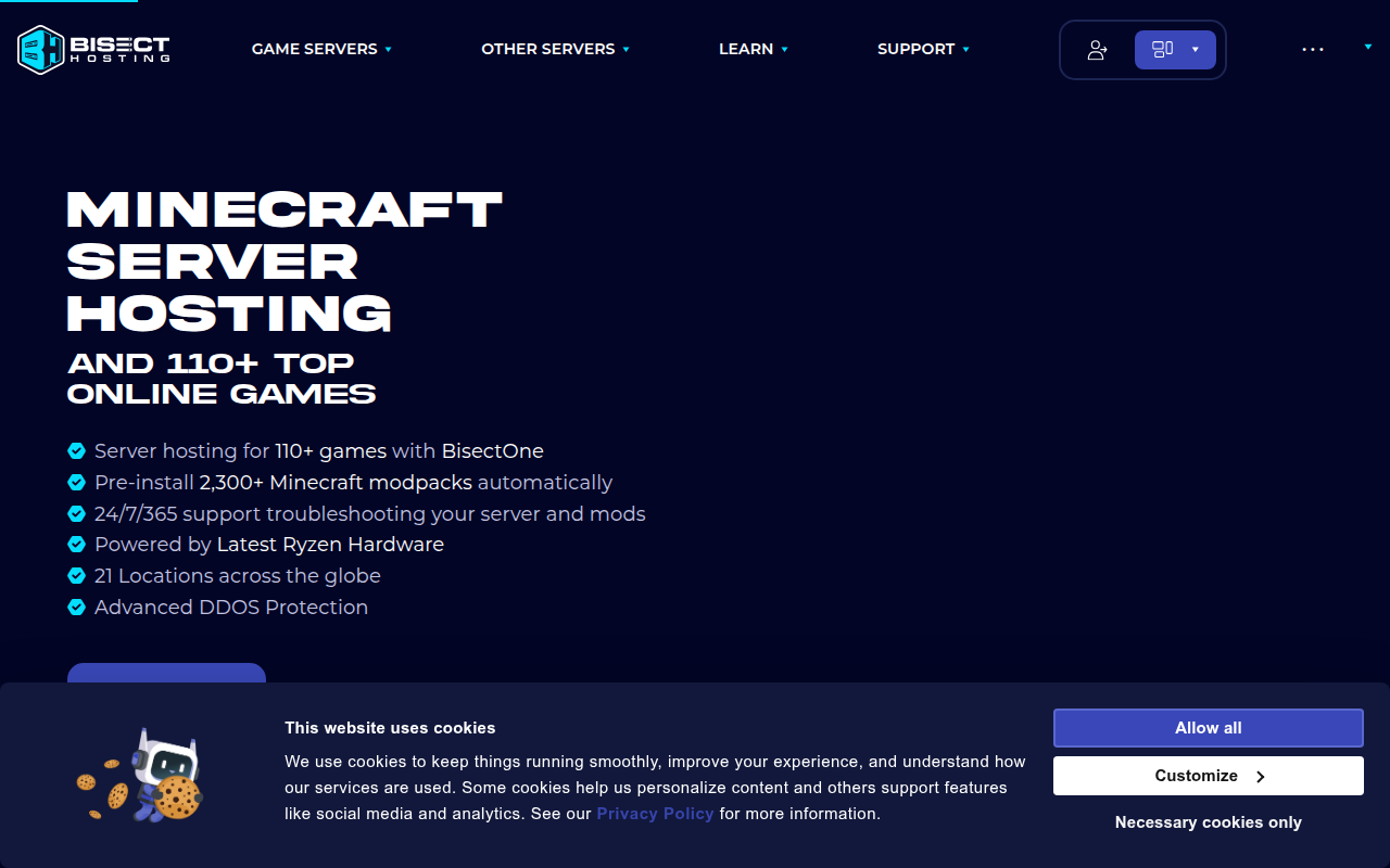 Screenshot van bisecthosting.com