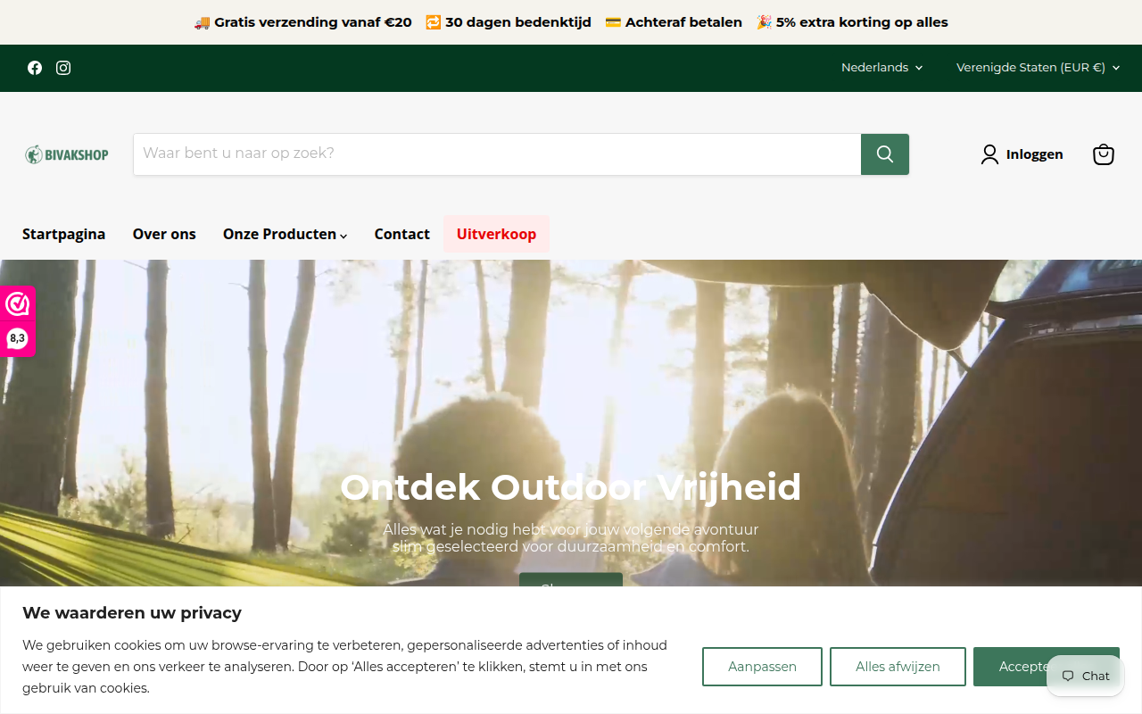 Screenshot van bivakshop.nl