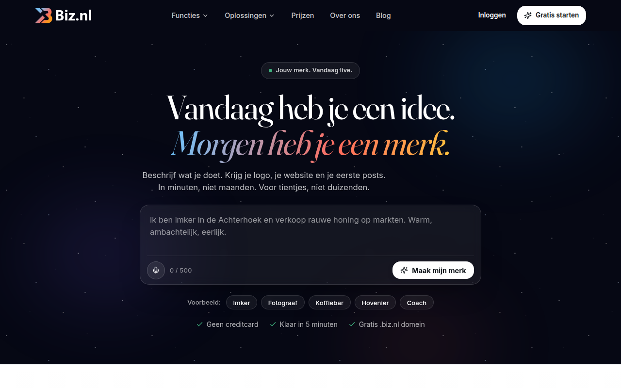 Screenshot van BIZ.NL | AI Brandbuilder: Jouw Merk in 5 Minuten Online