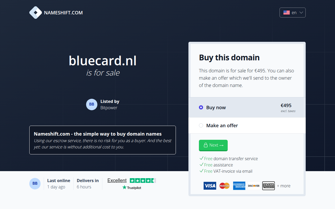 Screenshot van bluecard.nl