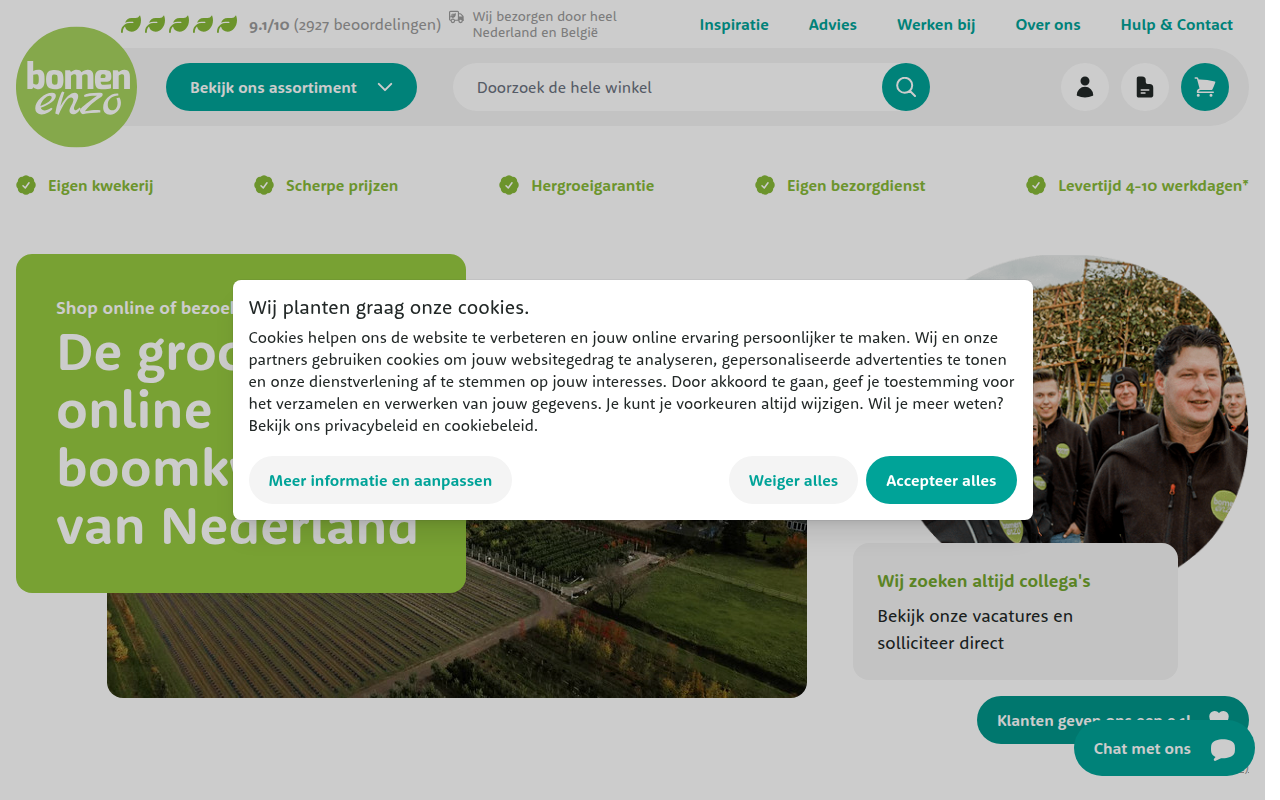 Screenshot van bomenenzo.nl