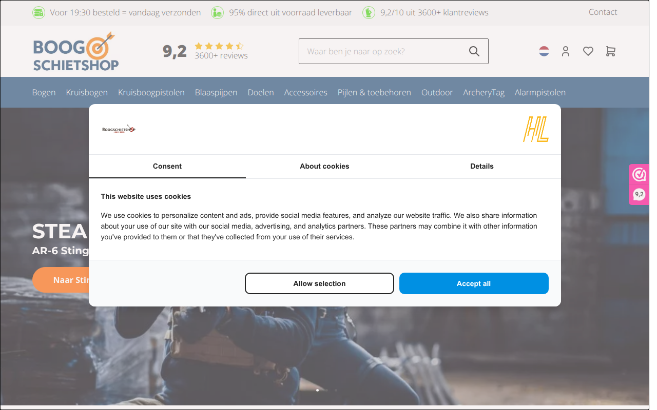 Screenshot van boogschietshop.nl