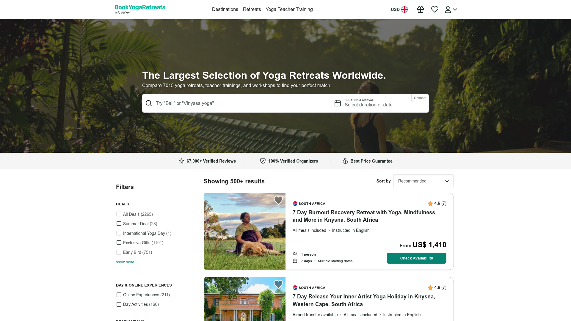Screenshot van bookyogaretreats.com