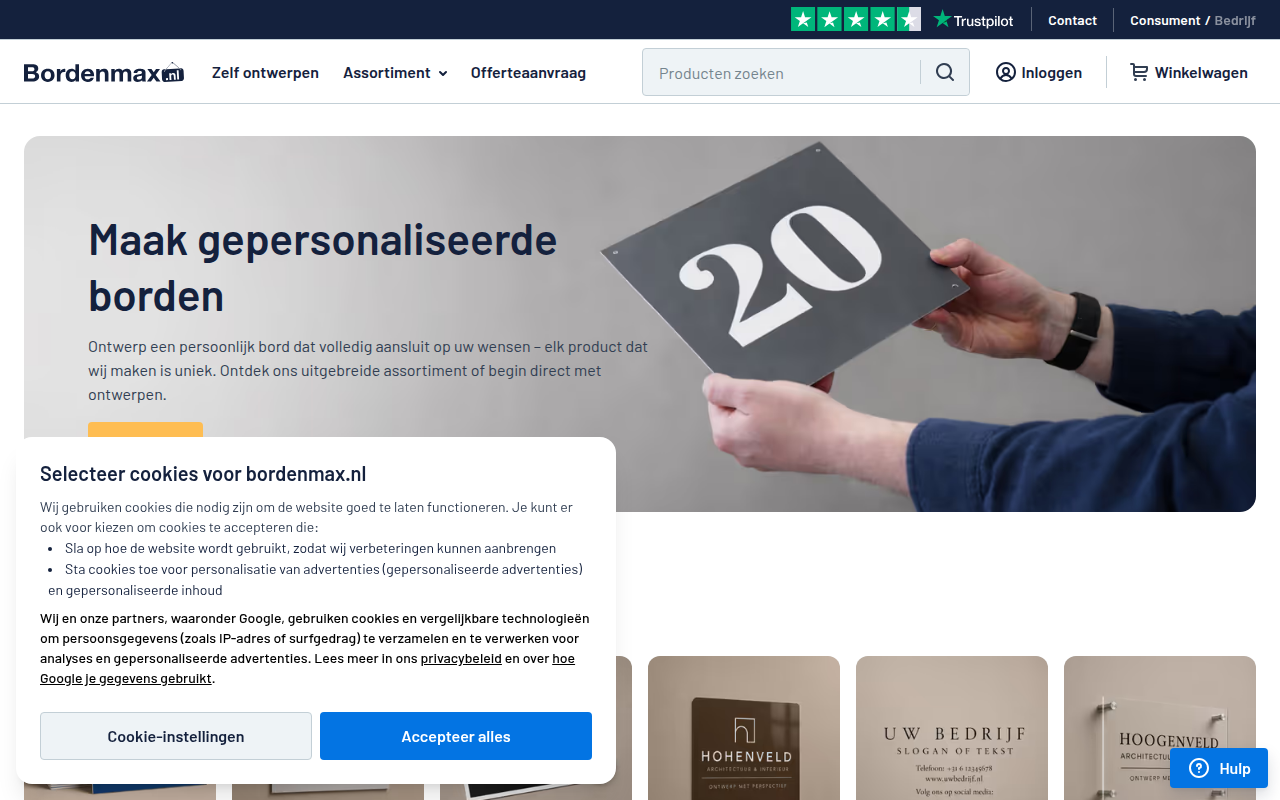 Screenshot van bordenmax.nl