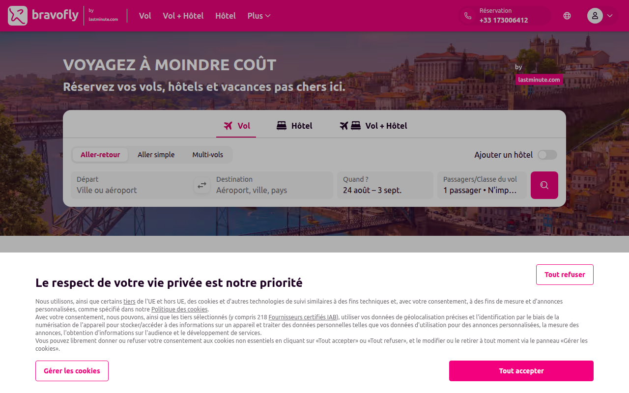 Screenshot van bravofly.fr
