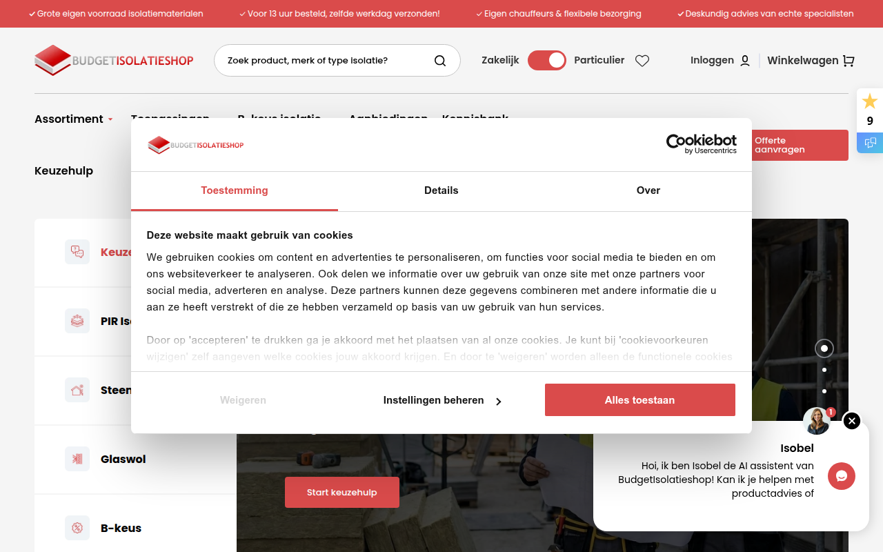 Screenshot van budgetisolatieshop.nl