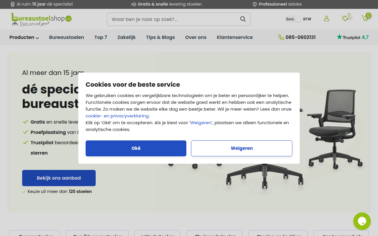 Screenshot van bureaustoelshop.nl