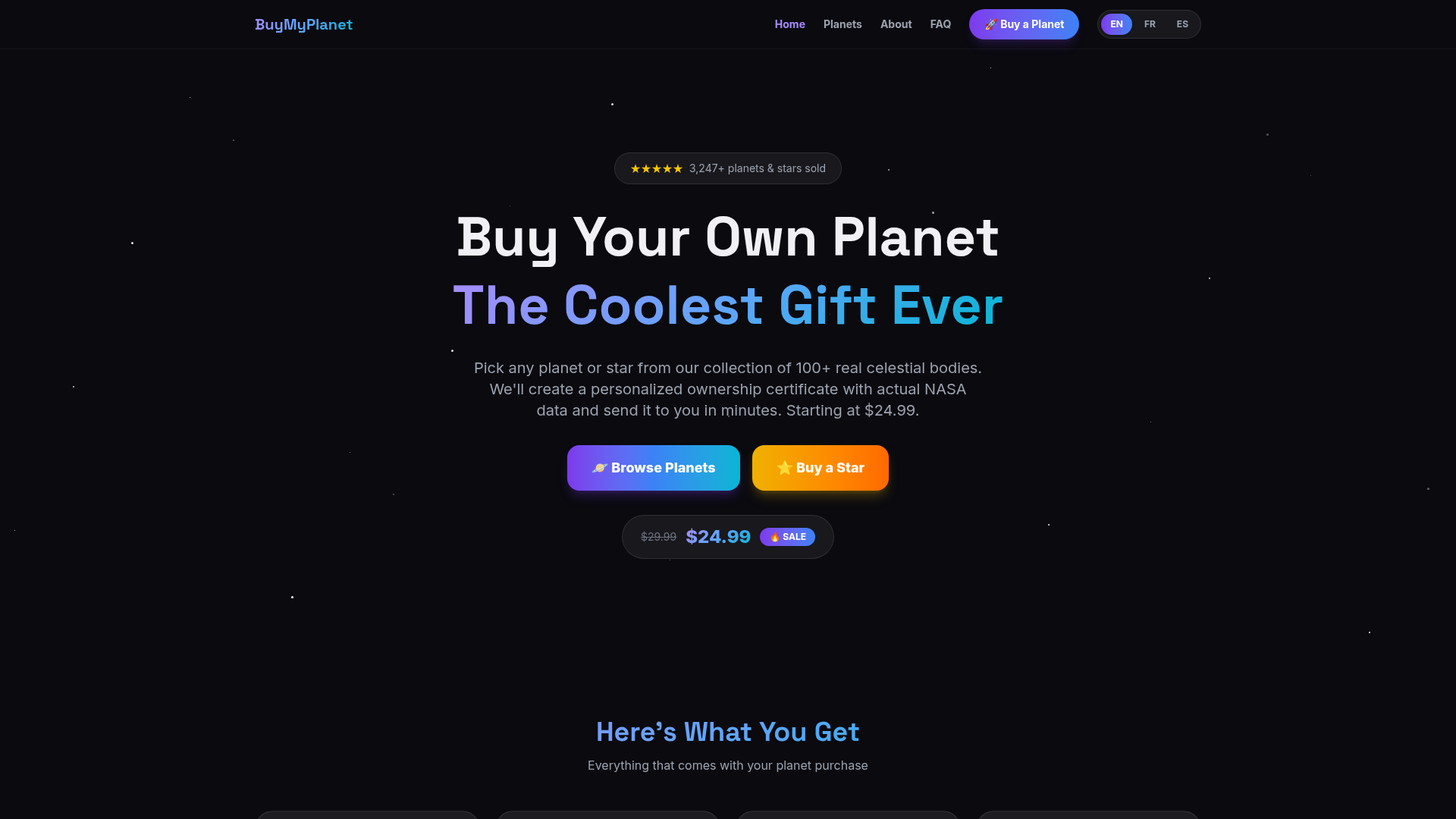 Screenshot van buymyplanet.com