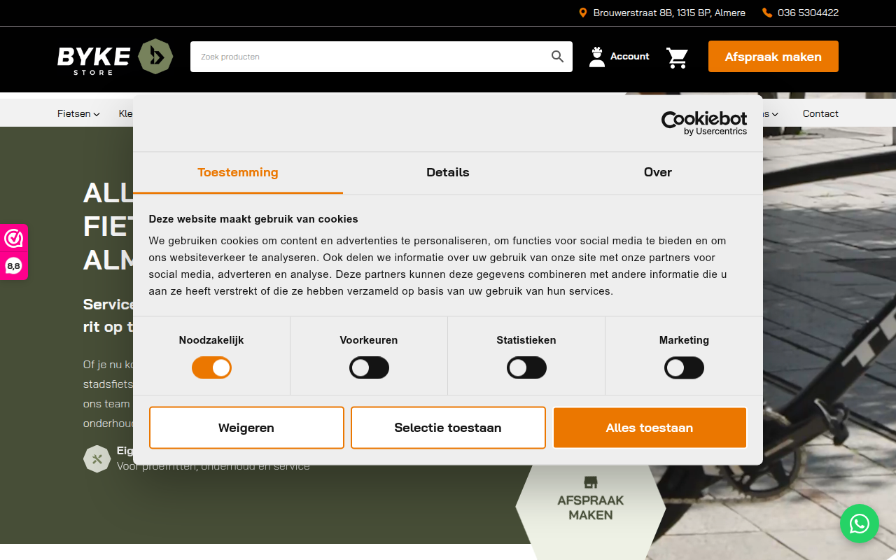 Screenshot van bykestore.nl