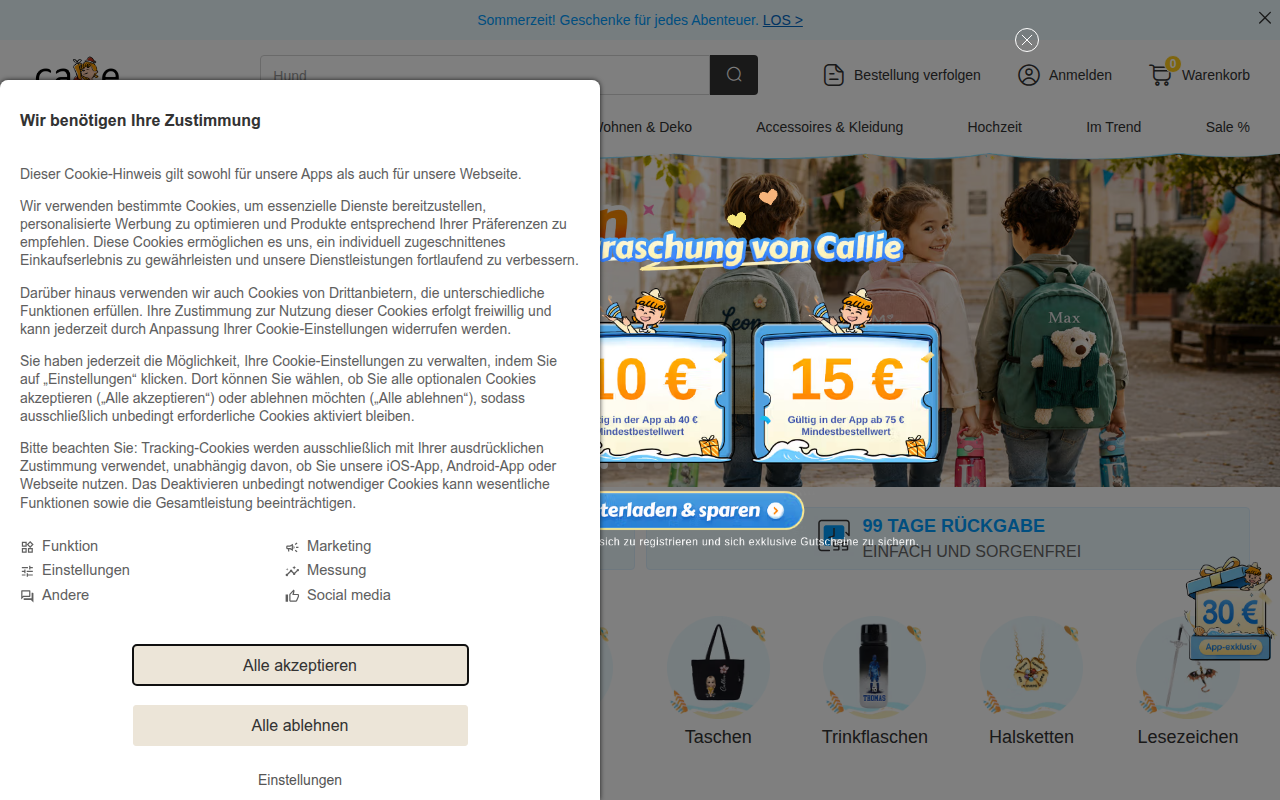 Screenshot van callie.de
