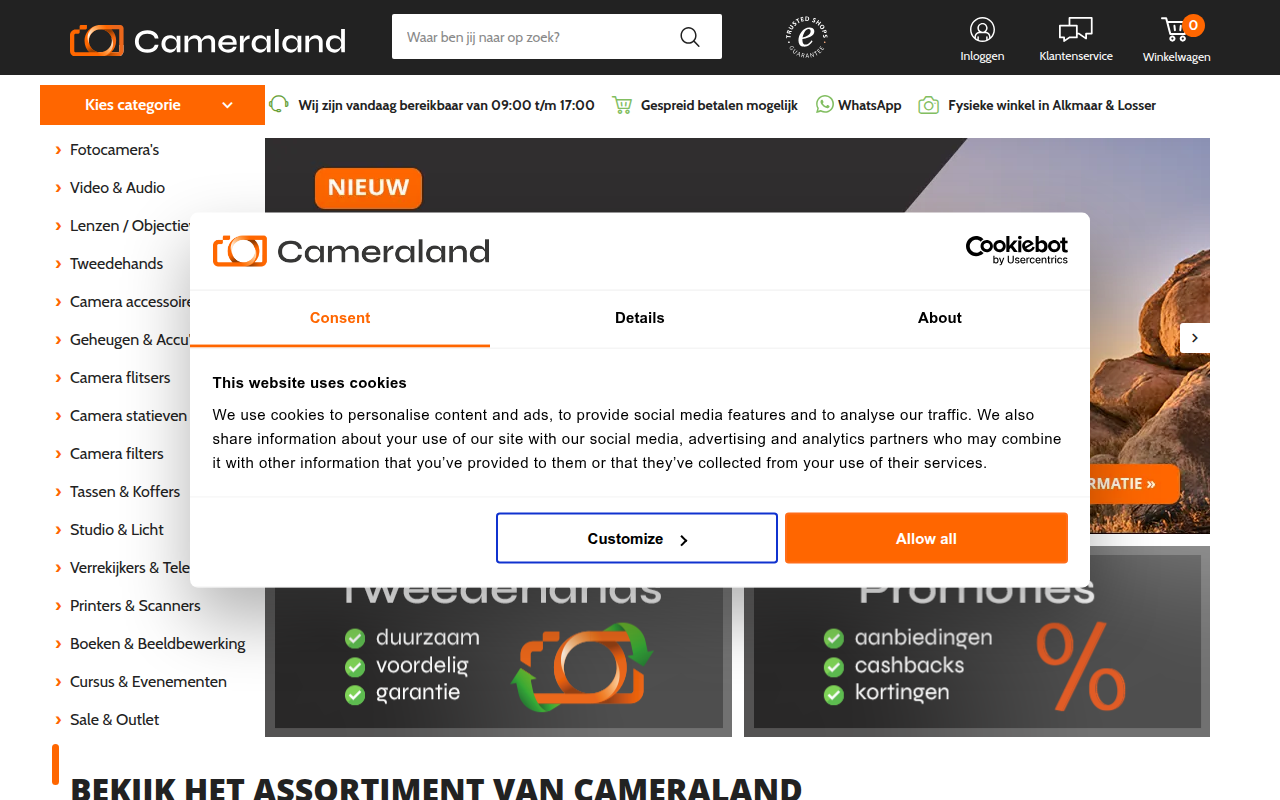 Screenshot van cameraland.nl