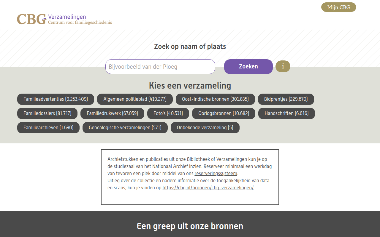 Screenshot van cbgverzamelingen.nl