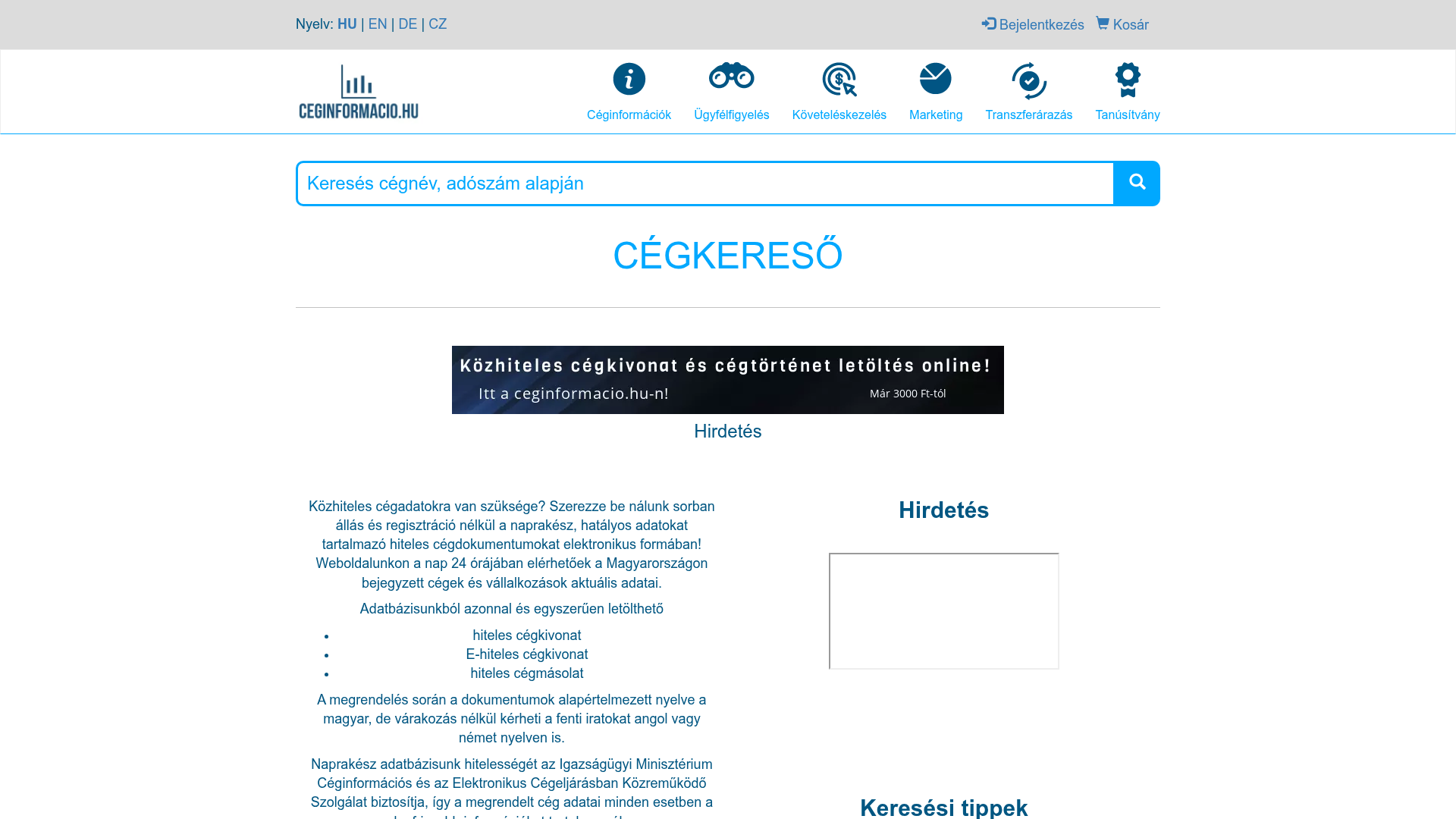 Screenshot van ceginformacio.hu