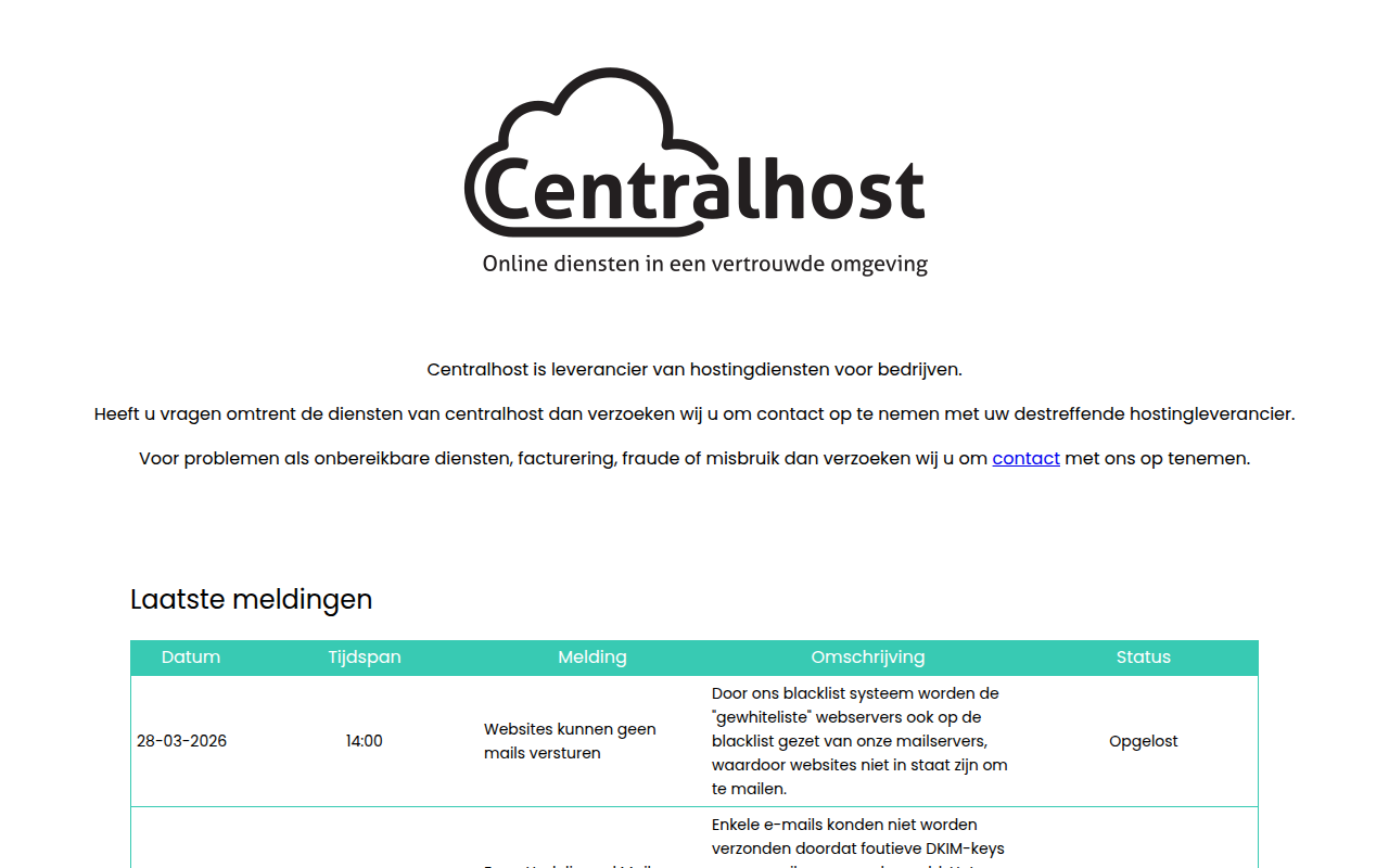 Screenshot van centralhost.nl