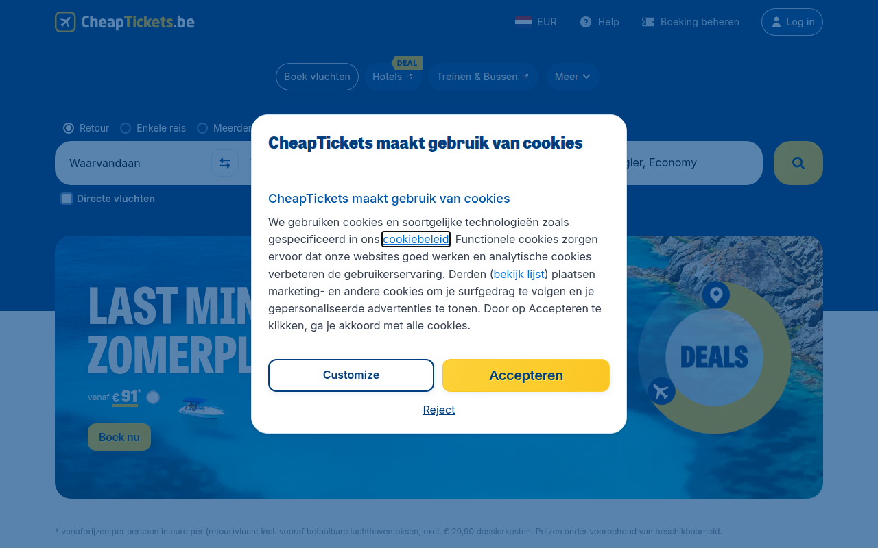 Screenshot van cheaptickets.be