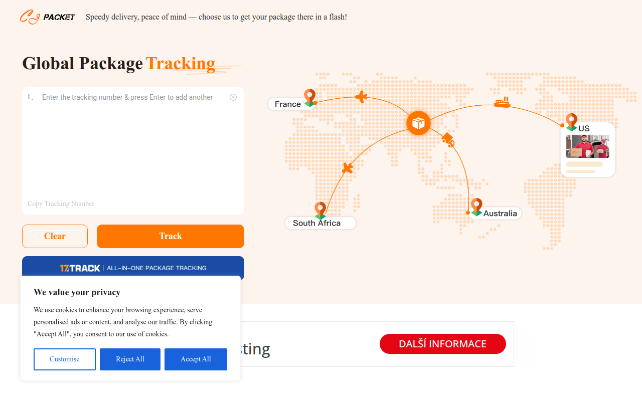 Screenshot van cjpacket.com