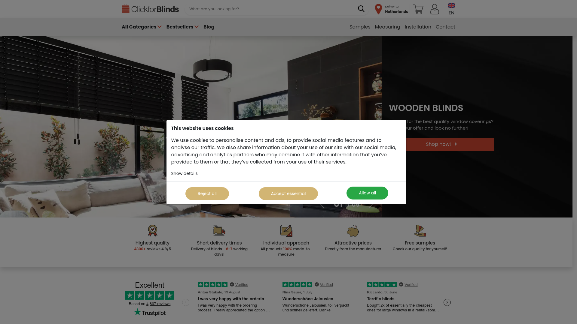 Screenshot van clickforblinds.com