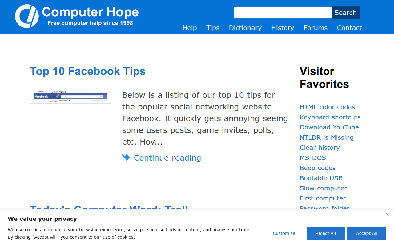 Screenshot van computerhope.com