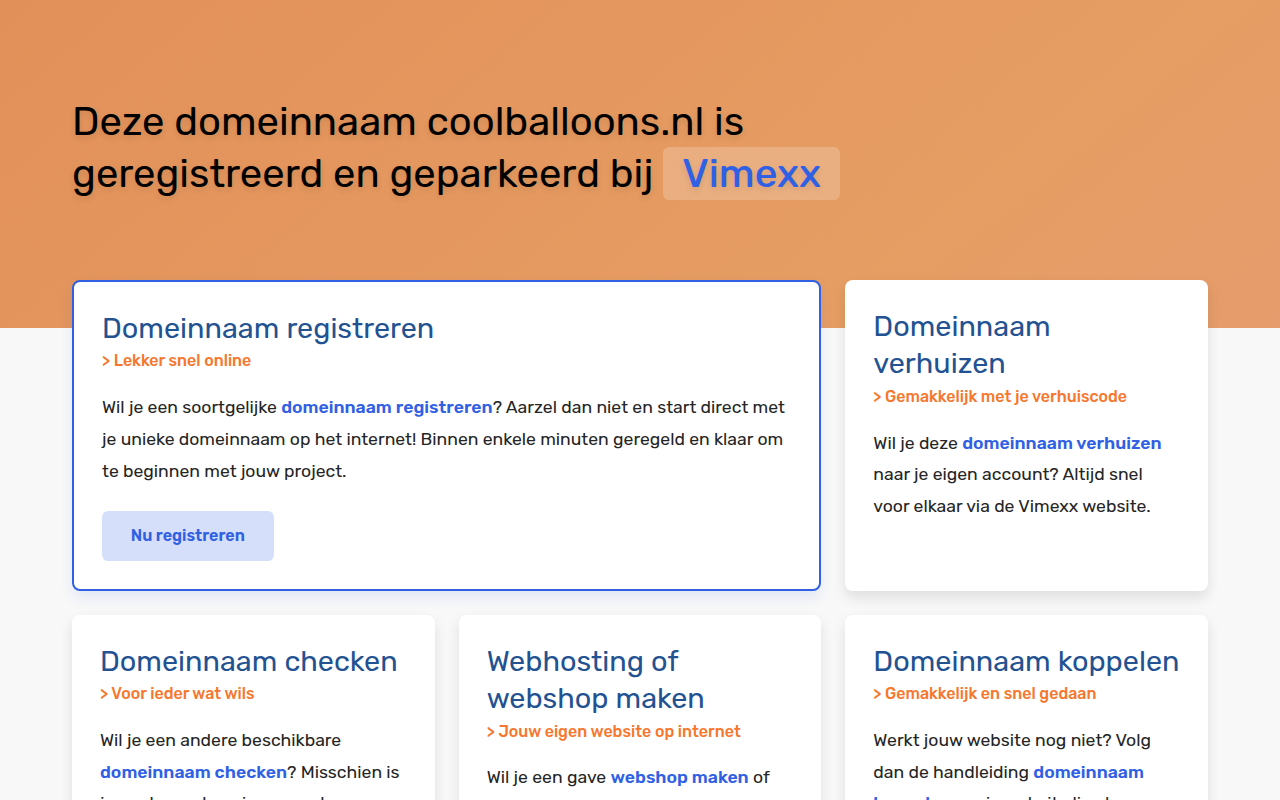 Screenshot van Deze domeinnaam coolballoons.nl is geregistreerd en geparkeerd bij Vimexx
