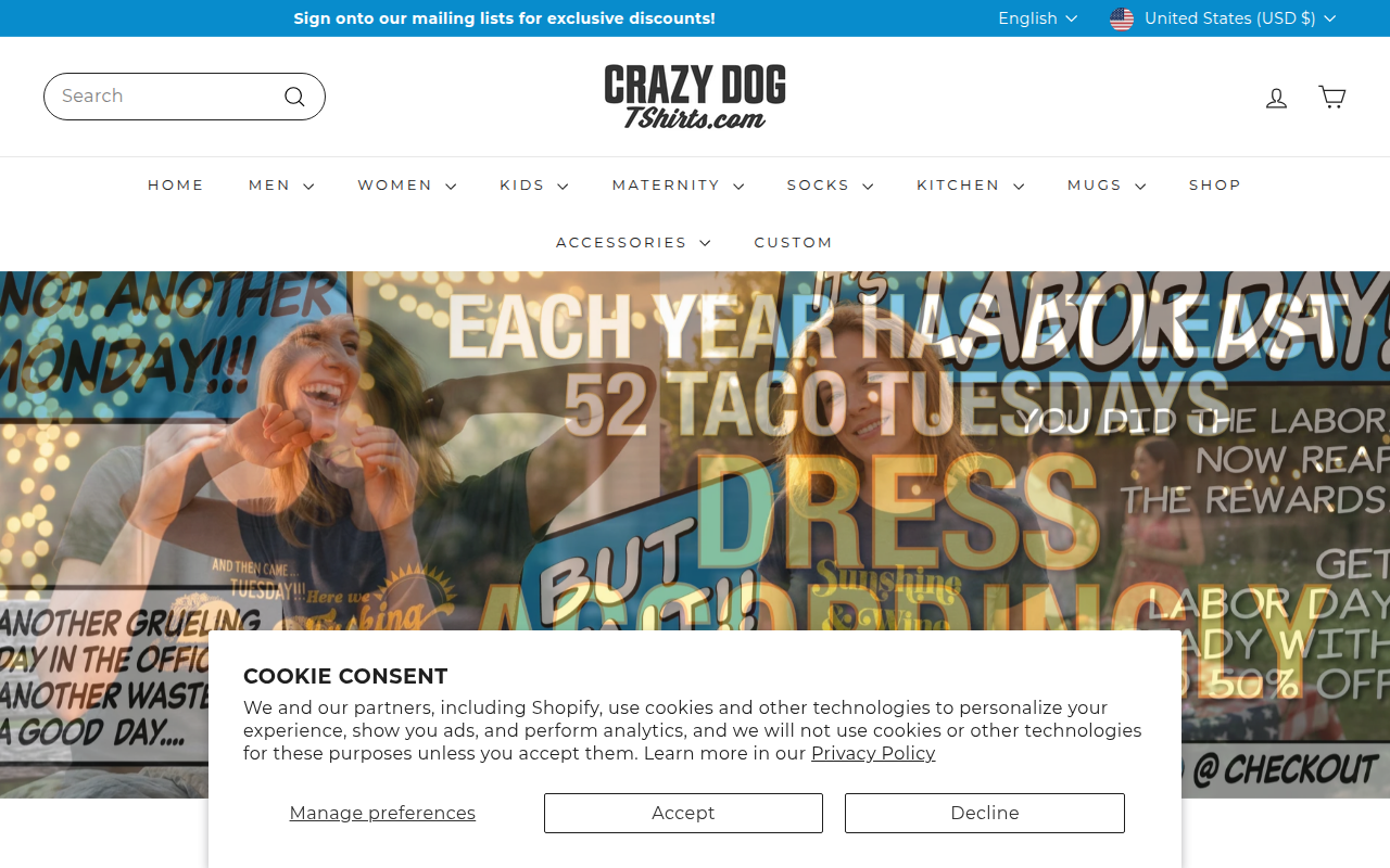Screenshot van crazydogtshirts.com